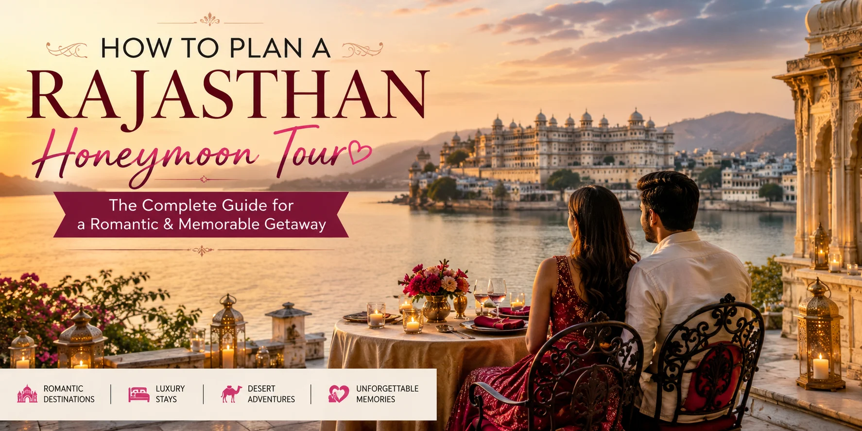 Romantic Rajasthan honeymoon tour couple enjoying luxury lakeside dinner in Udaipur with palace view at sunset