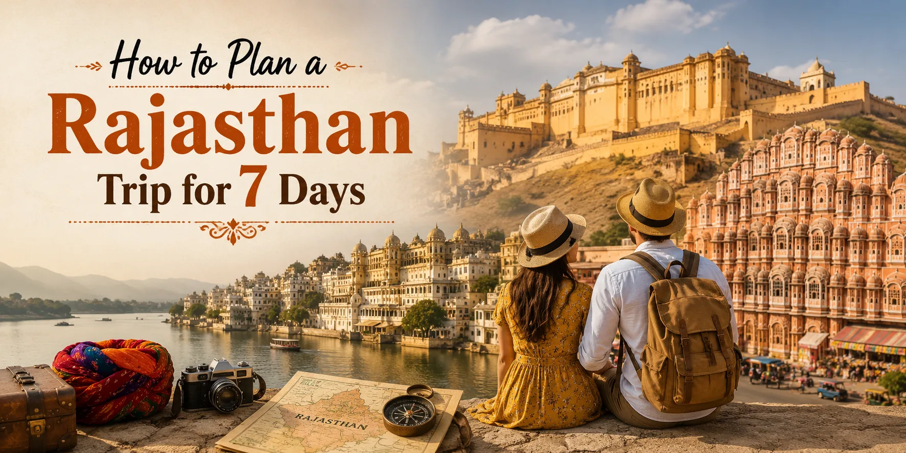 Travelers exploring Rajasthan with views of Amber Fort, Hawa Mahal, and Udaipur during a 7-day Rajasthan trip planning guide