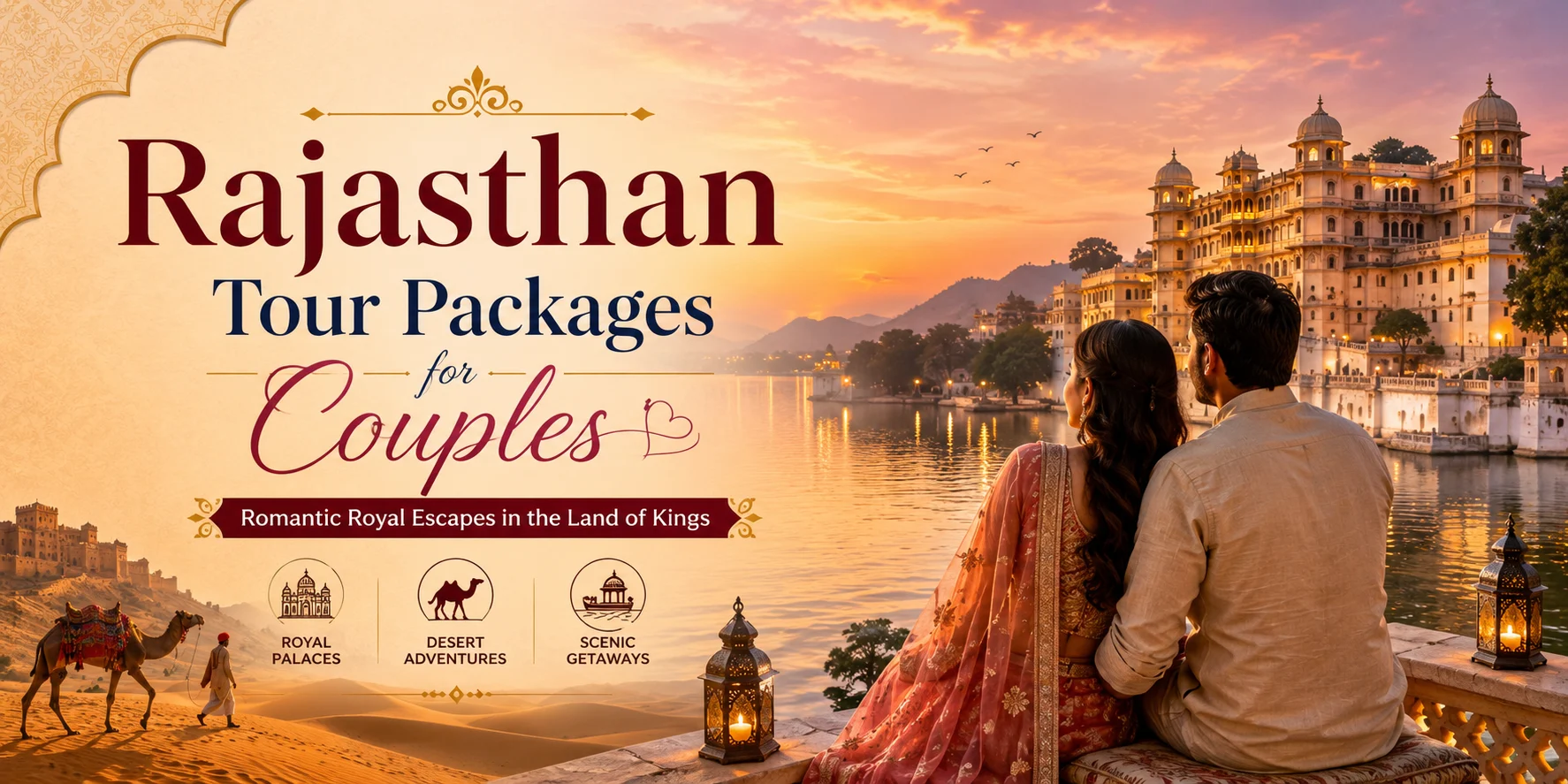 Romantic couple enjoying a sunset view near a royal palace and lake in Rajasthan with desert dunes and camel safari elements, representing Rajasthan tour packages for couples.