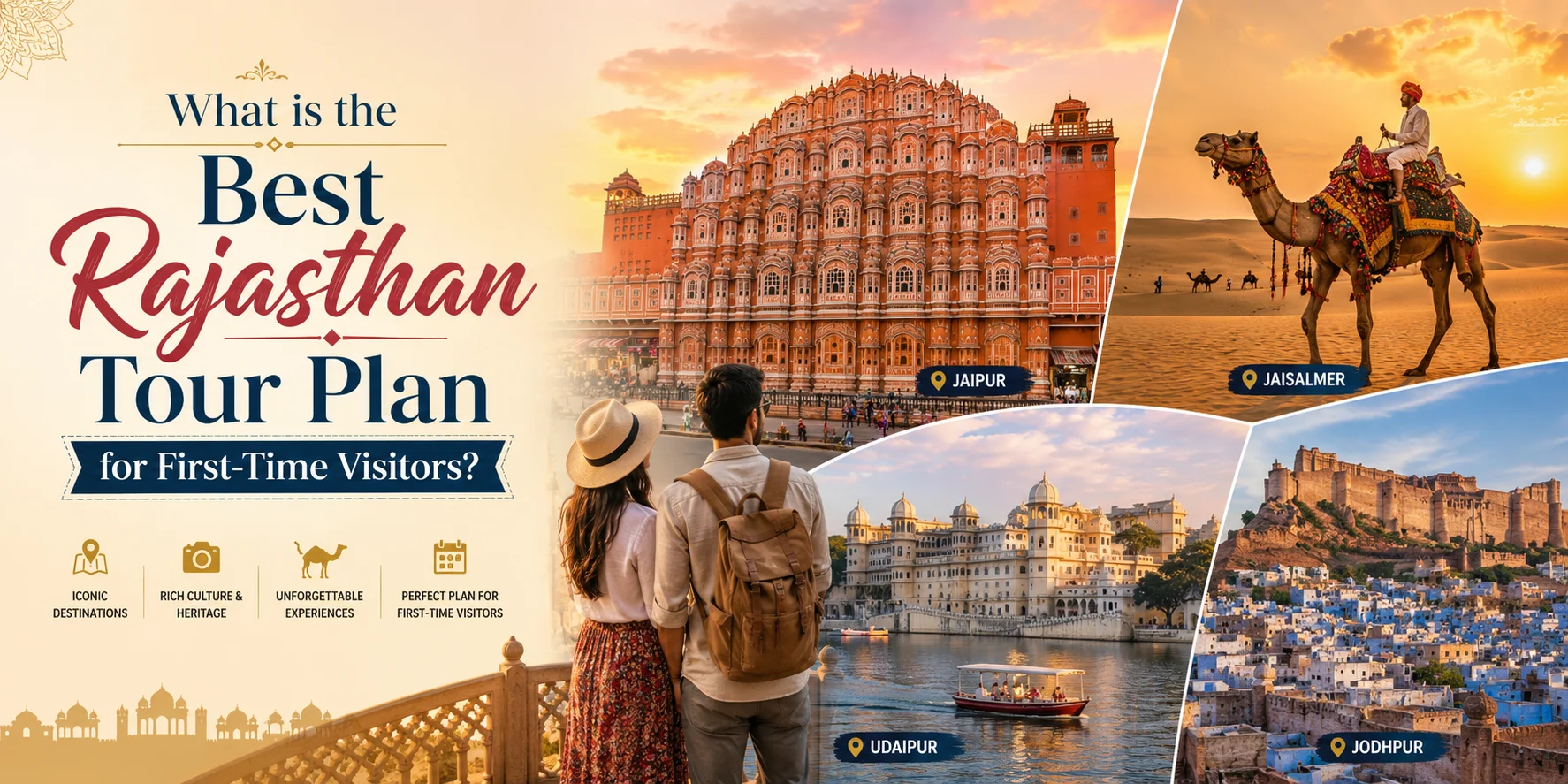 First-time Rajasthan travel tour plan banner featuring Jaipur Hawa Mahal, Jaisalmer camel safari, Udaipur lake palace, and Jodhpur fort at sunset
