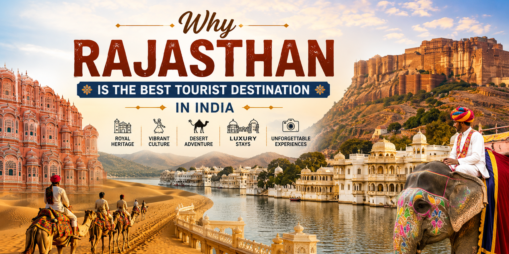 Rajasthan tour banner featuring Jaipur Hawa Mahal, Jodhpur fort, Udaipur lake palace, camel safari, and royal Rajasthan culture